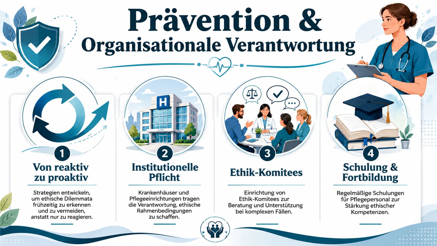 Eine Infografik zur Prävention und organisationalen Verantwortung in der Pflege mit vier strategischen Schritten für ethisches Handeln.