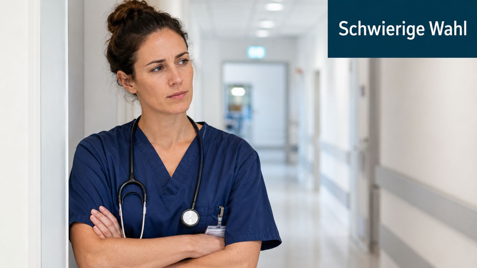 Eine nachdenkliche Pflegekraft steht mit verschränkten Armen und einem Stethoskop in einem leeren Krankenhausflur.