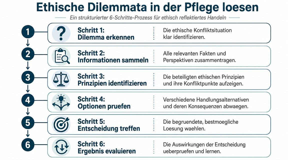 Eine Infografik stellt einen strukturierten Sechs-Schritte-Prozess zur Lösung ethischer Dilemmata im Pflegebereich in deutscher Sprache dar.