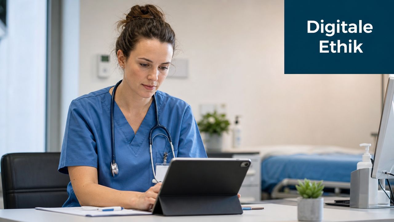 Eine Krankenschwester arbeitet konzentriert an einem Tablet in einem modernen Krankenhauszimmer vor einem Bildschirm.