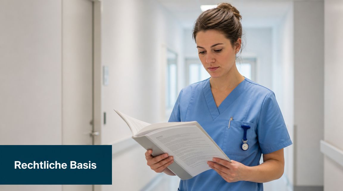 Eine Krankenschwester liest konzentriert in einem Fachbuch auf einem Krankenhausflur vor einem dunkelblauen Textfeld.