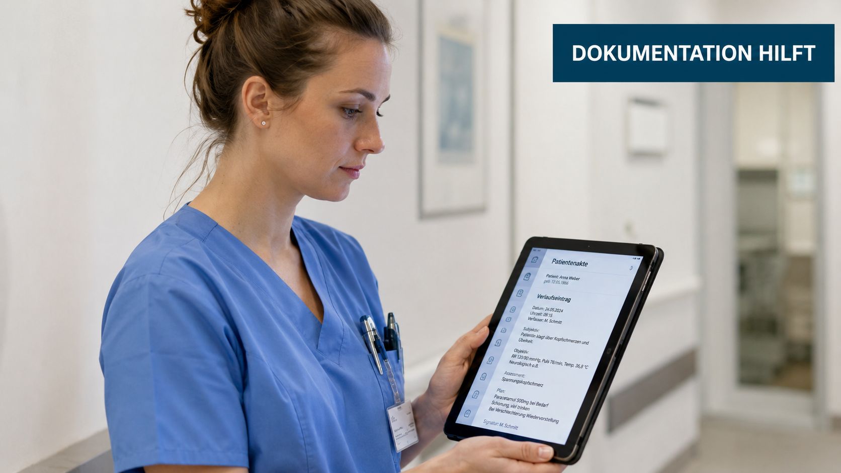 Eine Krankenschwester hält ein Tablet mit einer digitalen Patientenakte in einem hellen Krankenhausflur in der Hand.