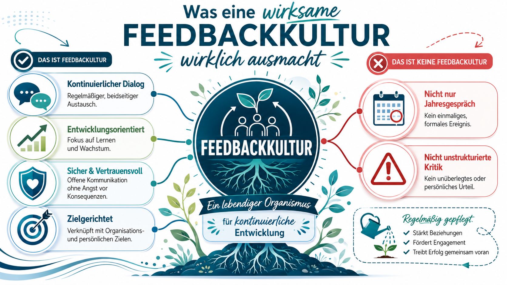 Eine Infografik, die die Merkmale einer effektiven Feedbackkultur im Vergleich zu ineffektiven Feedbackmethoden in Unternehmen darstellt.