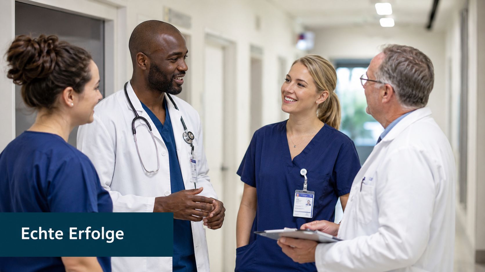 Ein diverses Team aus Ärzten und Pflegepersonal im Gespräch auf einem Krankenhausflur während der Arbeit.