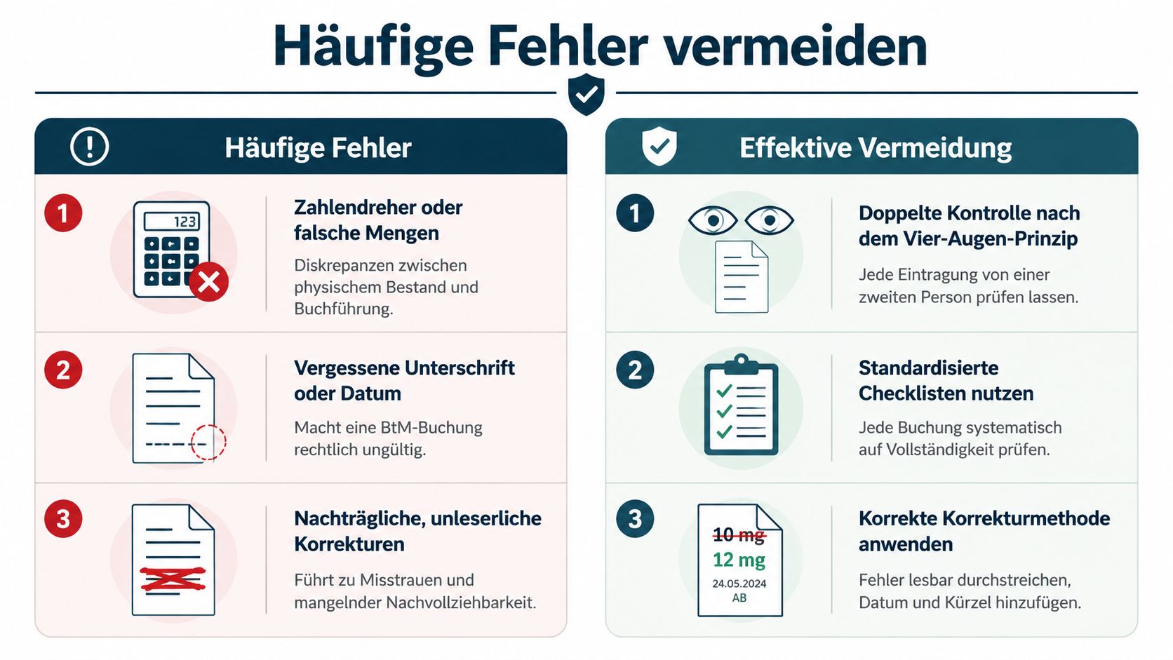 Infografik zur Vermeidung häufiger Fehler bei der BtM-Dokumentation mit praktischen Tipps zur korrekten Buchführung und Kontrolle.