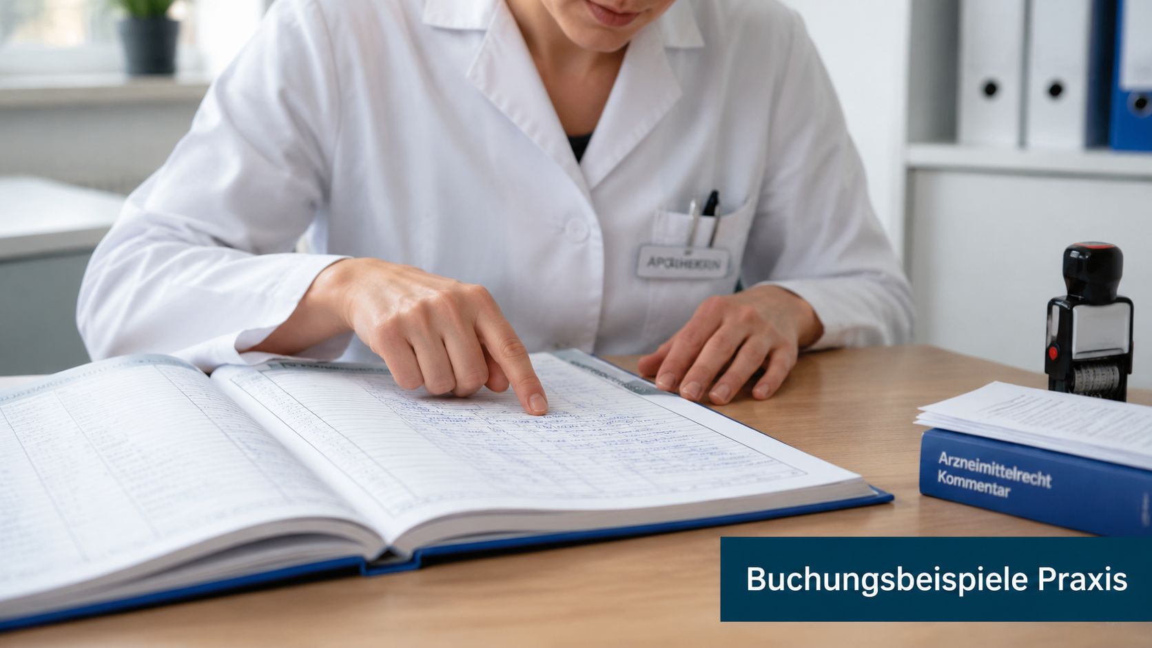 Eine Apothekerin zeigt mit dem Finger auf einen Eintrag in einem BtM-Buch für Dokumentationszwecke im Arbeitsalltag.