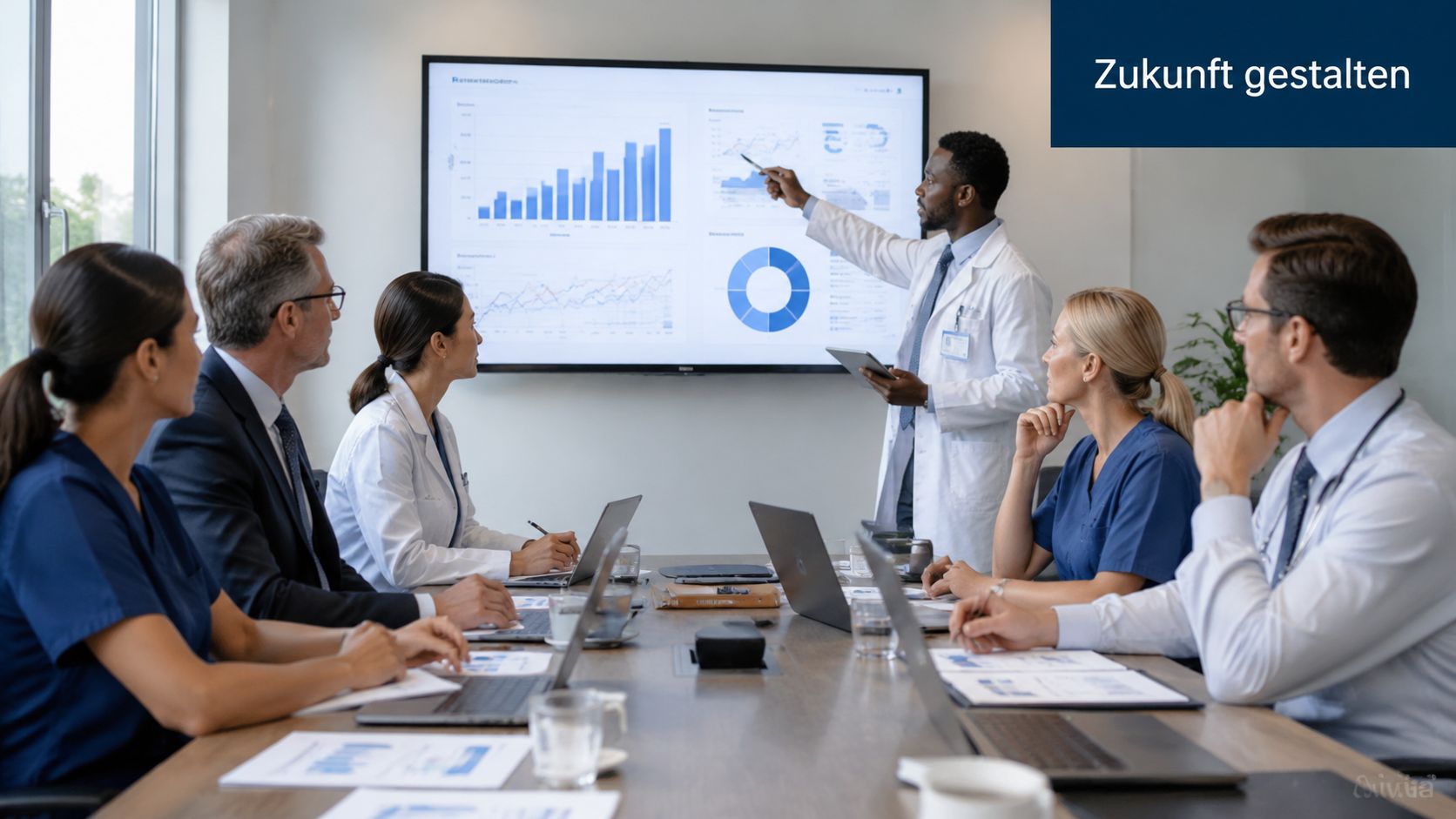 Ein Arzt präsentiert medizinische Diagramme in einer professionellen Besprechung mit seinem Team in einem modernen Büro.