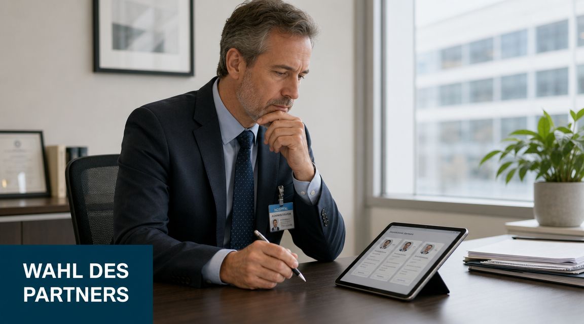Ein Krankenhausverwalter sitzt an einem Schreibtisch und prüft Optionen zur Auswahl von Partnern auf seinem Tablet.