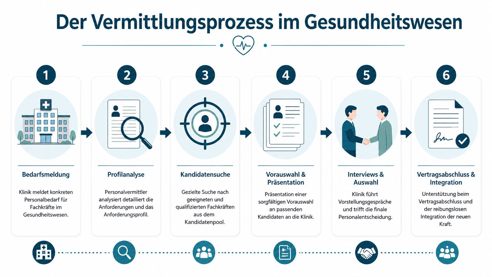 Eine Infografik, die den sechsstufigen Vermittlungsprozess von medizinischem Fachpersonal in Krankenhäusern Schritt für Schritt darstellt.