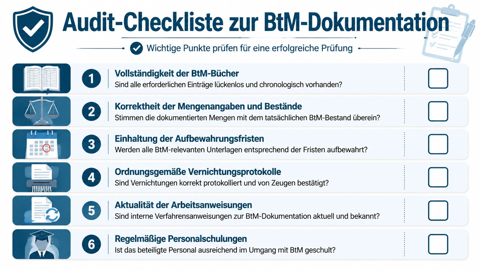 Eine Checkliste für die Audit-Vorbereitung zur BtM-Dokumentation mit sechs wichtigen Punkten für eine erfolgreiche Prüfung.