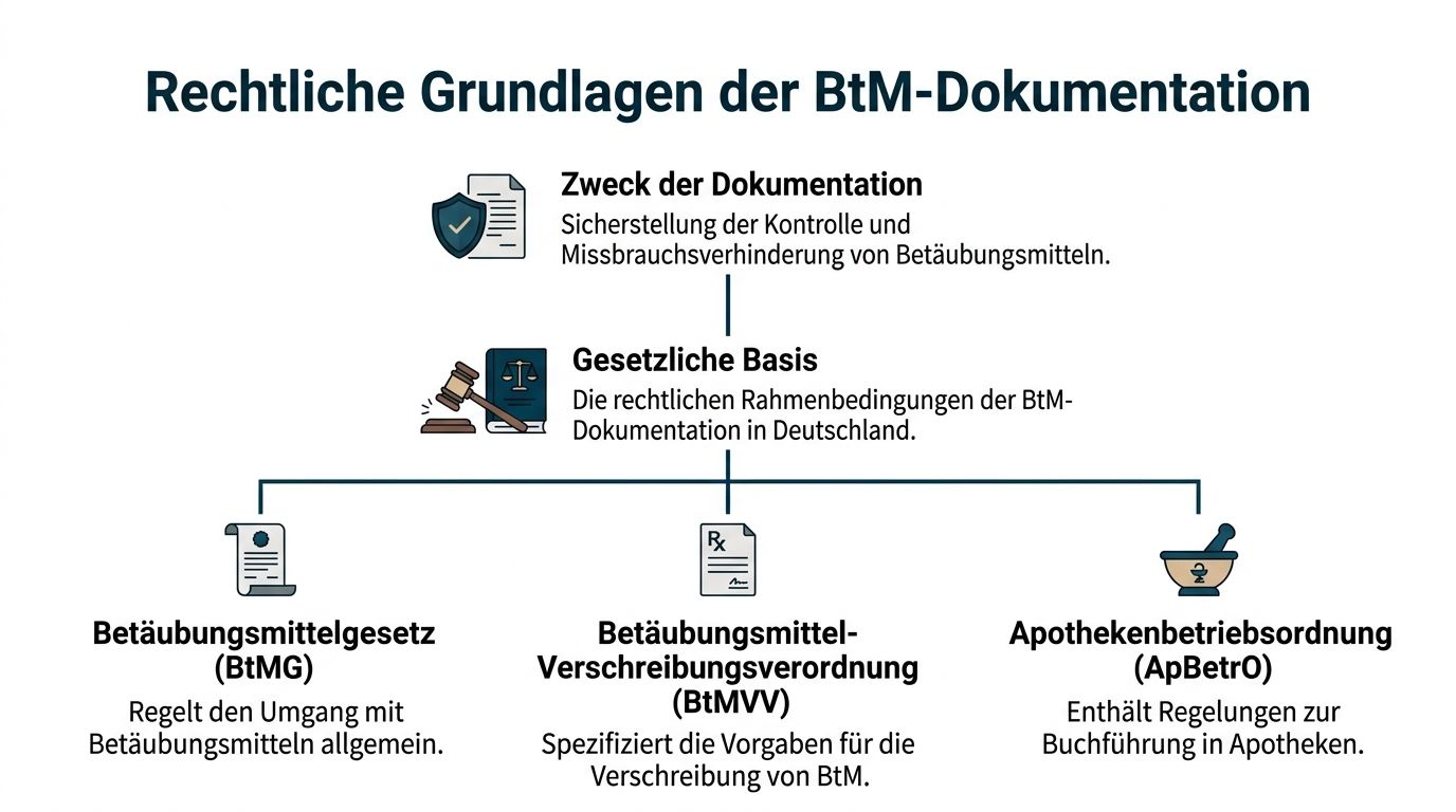 Übersichtsgrafik der rechtlichen Grundlagen zur Dokumentationspflicht von Betäubungsmitteln in deutschen Apotheken.