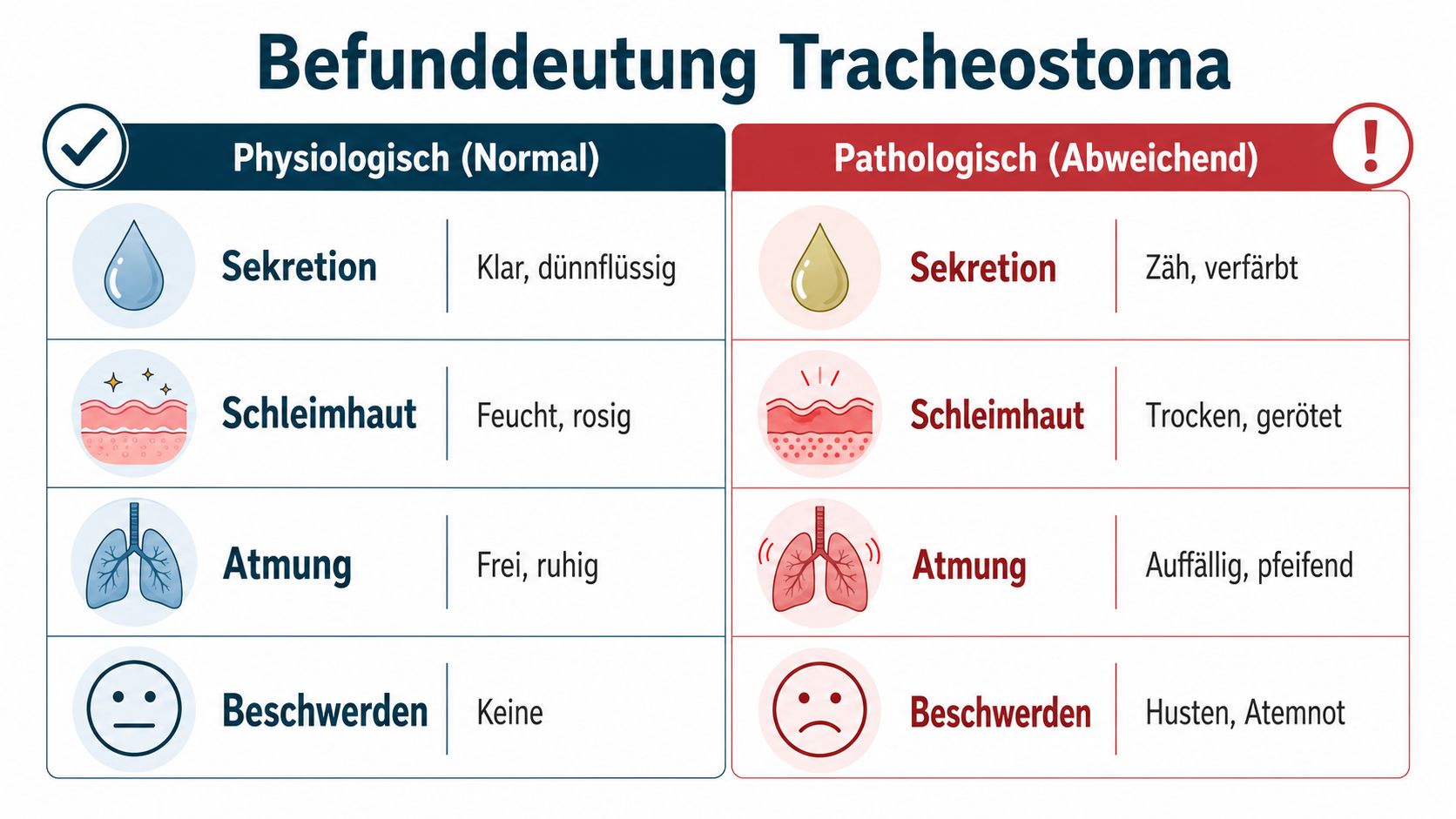 Übersichtstabelle zur Befunddeutung beim Tracheostoma mit Vergleich von physiologischen und pathologischen Anzeichen für medizinisches Fachpersonal.