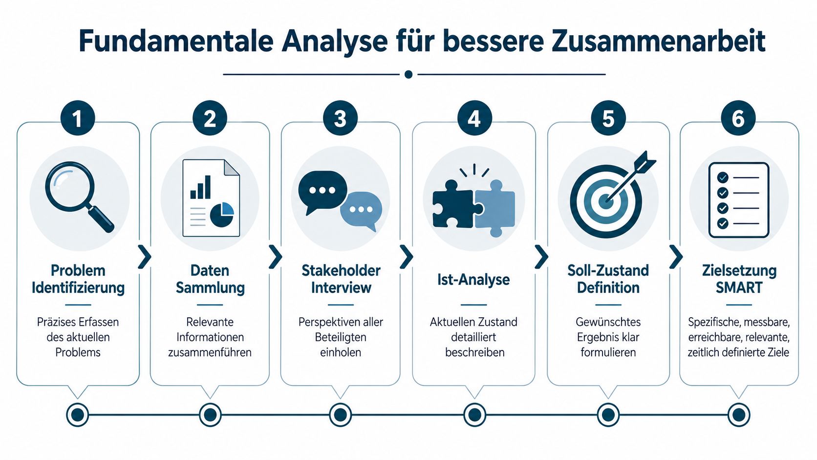 Eine sechsstufige Infografik zur fundamentalen Analyse für bessere Zusammenarbeit in Unternehmen und Projekten.