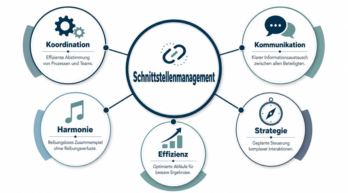 Grafische Darstellung des Schnittstellenmanagements mit den fünf Kernaspekten Koordination, Kommunikation, Harmonie, Strategie und Effizienz.