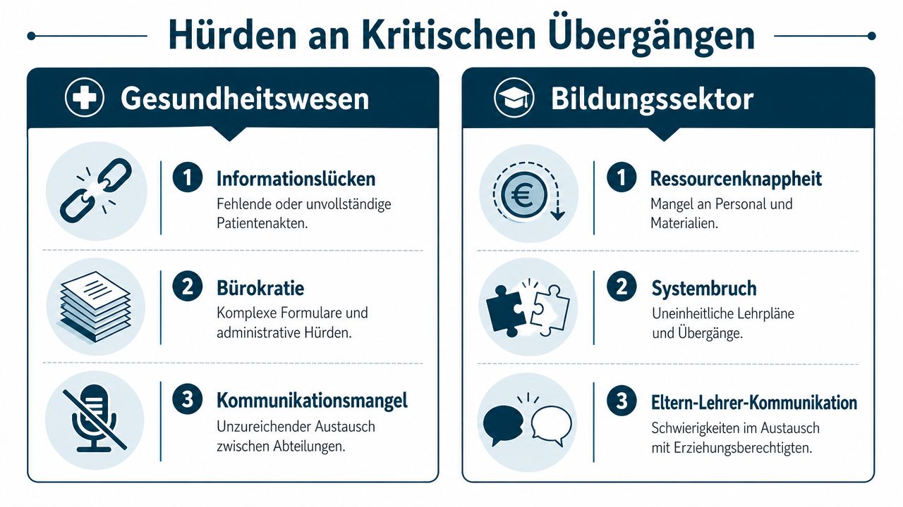 Infografik zeigt Hürden an kritischen Übergängen in den Bereichen Gesundheitswesen und Bildungssektor durch verschiedene Herausforderungen.