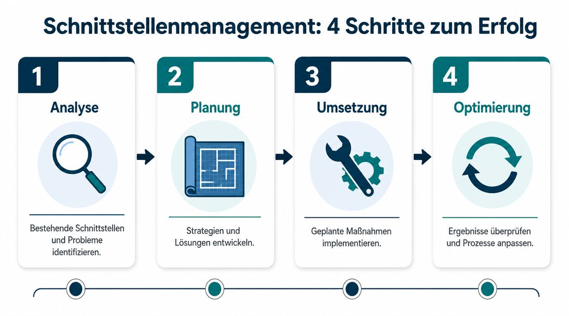 Eine Infografik zeigt den vierstufigen Prozess des Schnittstellenmanagements: Analyse, Planung, Umsetzung und Optimierung für den Erfolg.