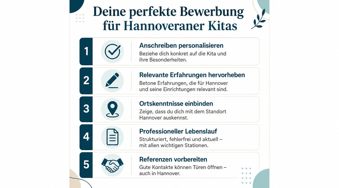 Eine Infografik mit fünf Schritten für eine erfolgreiche Bewerbung als Erzieher in Kitas in Hannover.