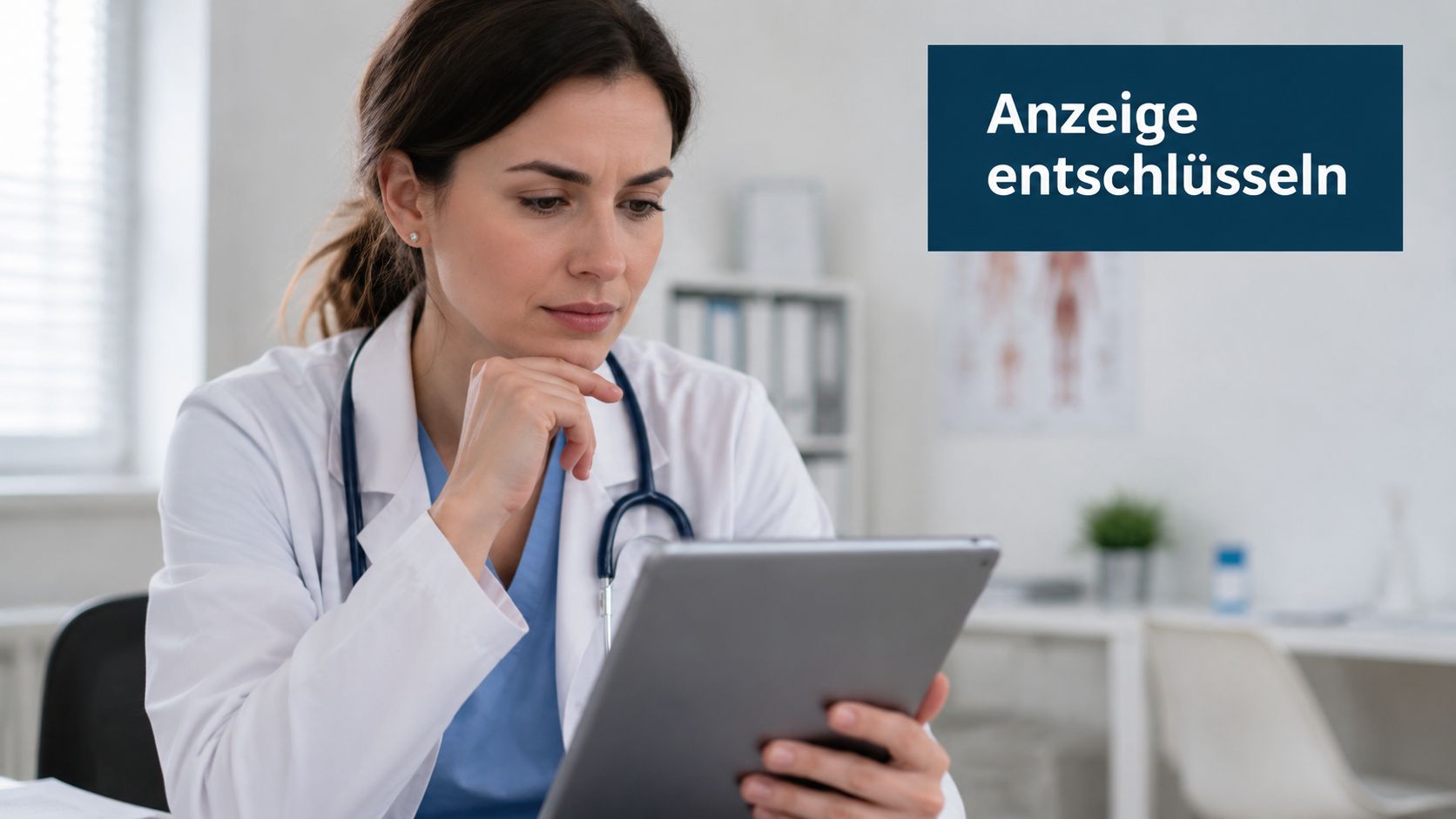 Eine ärztliche Fachkraft betrachtet nachdenklich eine digitale Patientenakte oder medizinische Informationen auf einem Tablet-Computer in ihrer Praxis.