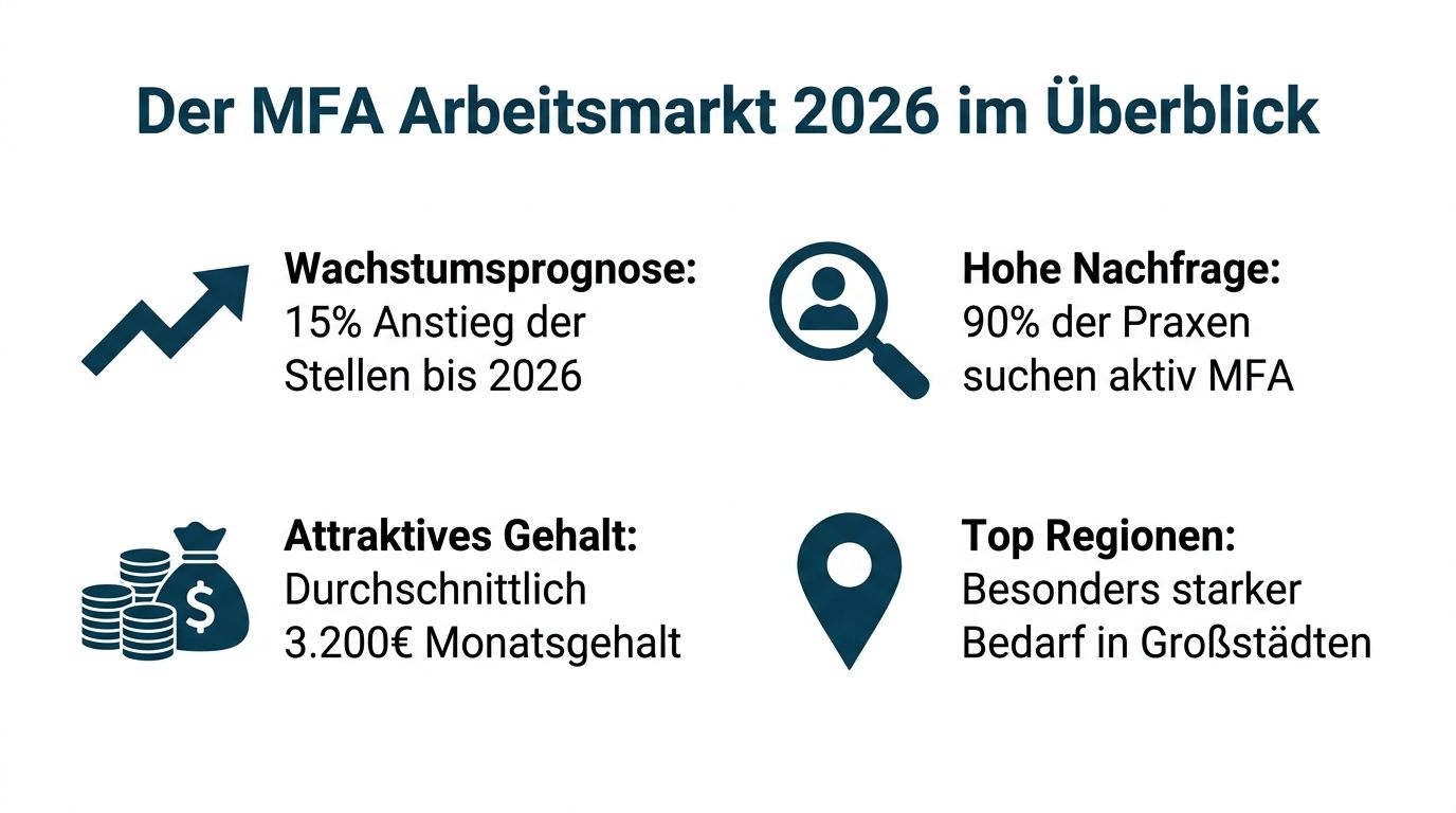 Infografik zum Arbeitsmarkt für Medizinische Fachangestellte mit Informationen zu Wachstum, Nachfrage, Gehalt und bevorzugten Arbeitsregionen bis 2026.
