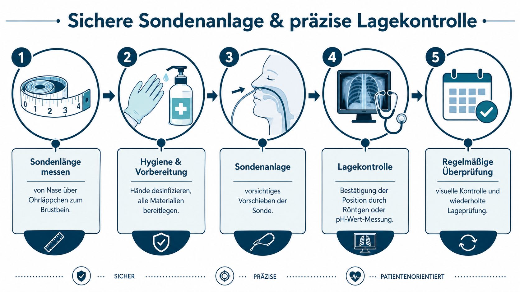 Eine Schritt-für-Schritt-Anleitung zur sicheren Anlage und Lagekontrolle einer nasogastralen Ernährungssonde in fünf Schritten.
