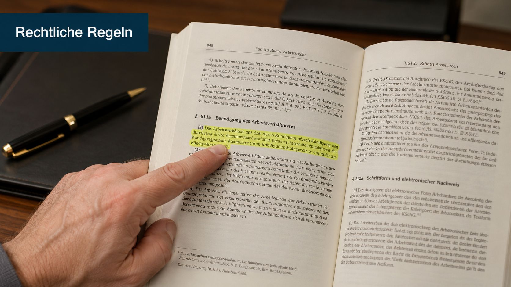Eine Hand zeigt auf einen markierten Gesetzestext in einem aufgeschlagenen Buch über deutsches Arbeitsrecht.