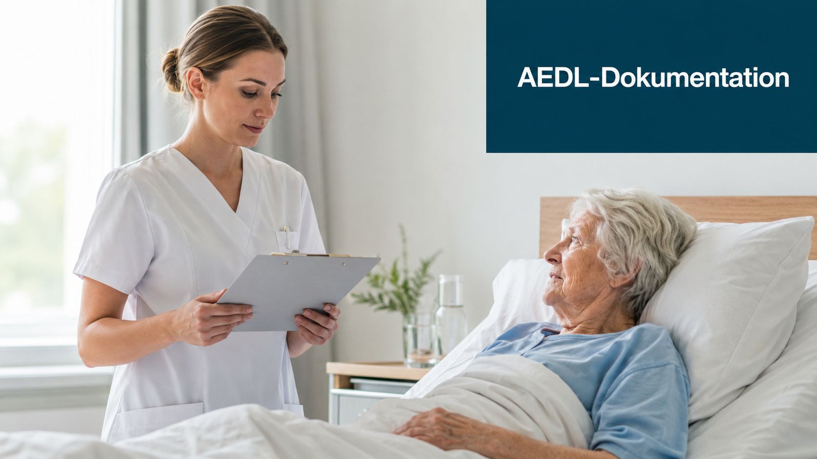 Eine Pflegekraft steht am Krankenbett einer älteren Patientin und hält ein Clipboard für die medizinische Dokumentation fest.