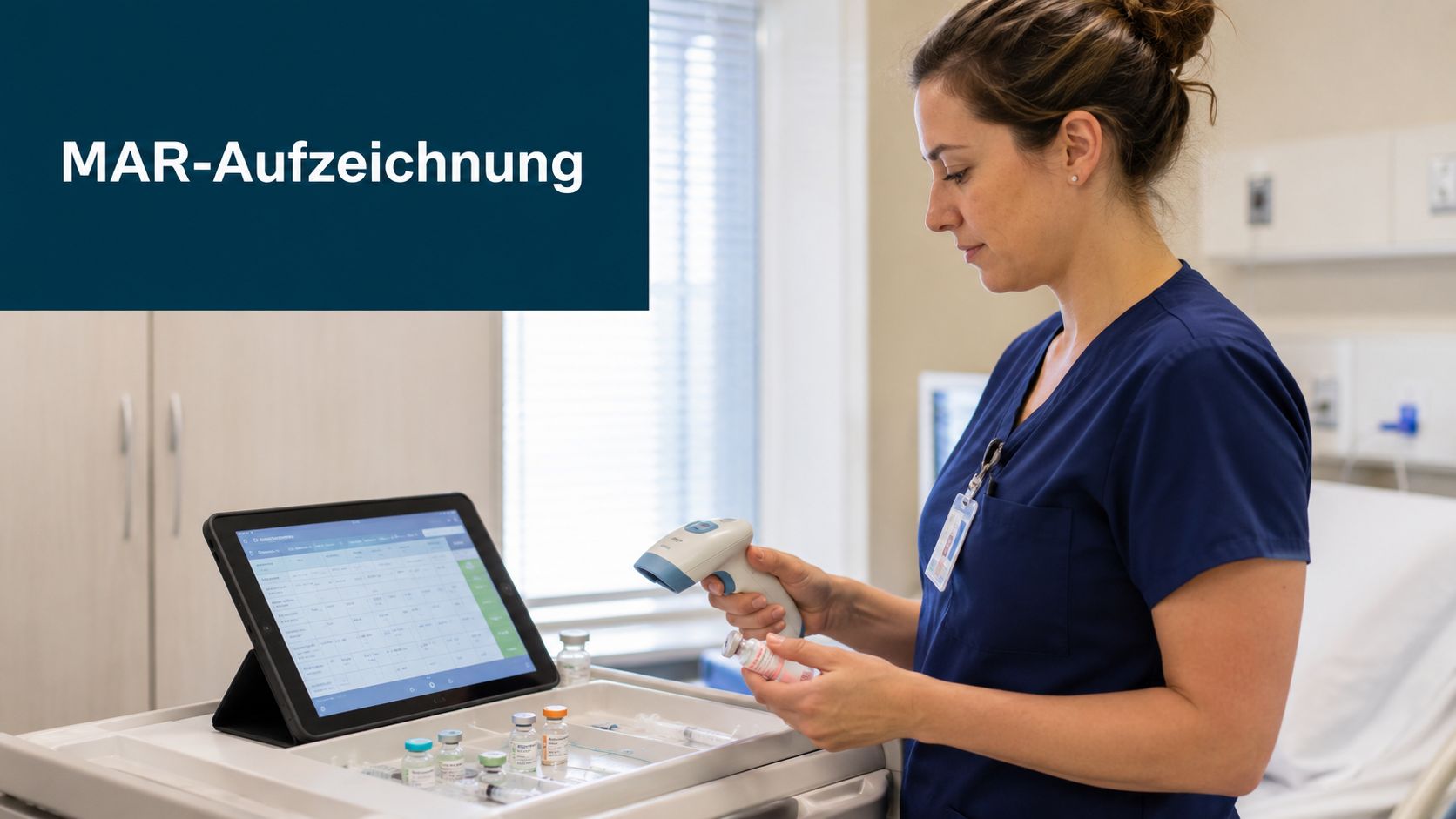 Eine Pflegekraft scannt ein Medikamentenfläschchen mit einem Barcodescanner, während sie die elektronische Patientenakte am Tablet überprüft.