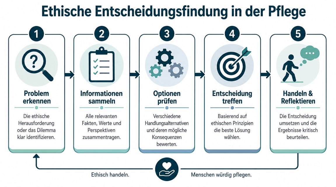 Ein Diagramm mit fünf Schritten zur ethischen Entscheidungsfindung in der Pflege mit erklärenden Texten zu jedem Prozessschritt.