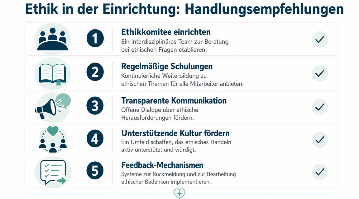 Grafische Darstellung mit fünf Handlungsempfehlungen für ethisches Handeln und gute Führung in sozialen oder pflegerischen Einrichtungen.
