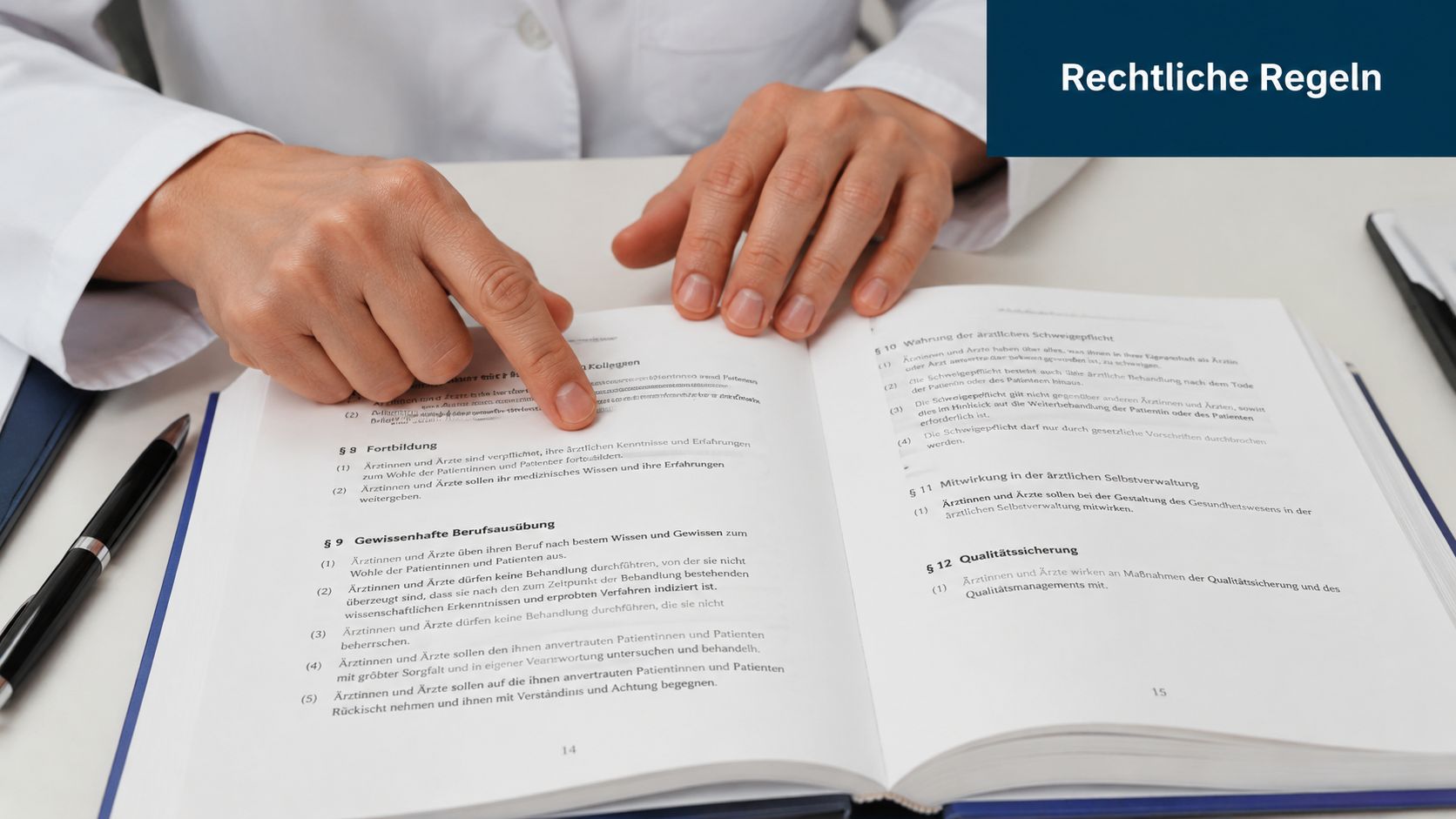 Eine Person zeigt auf einen Text in einem medizinischen Ethikbuch über ärztliche Pflichten und rechtliche Regeln.