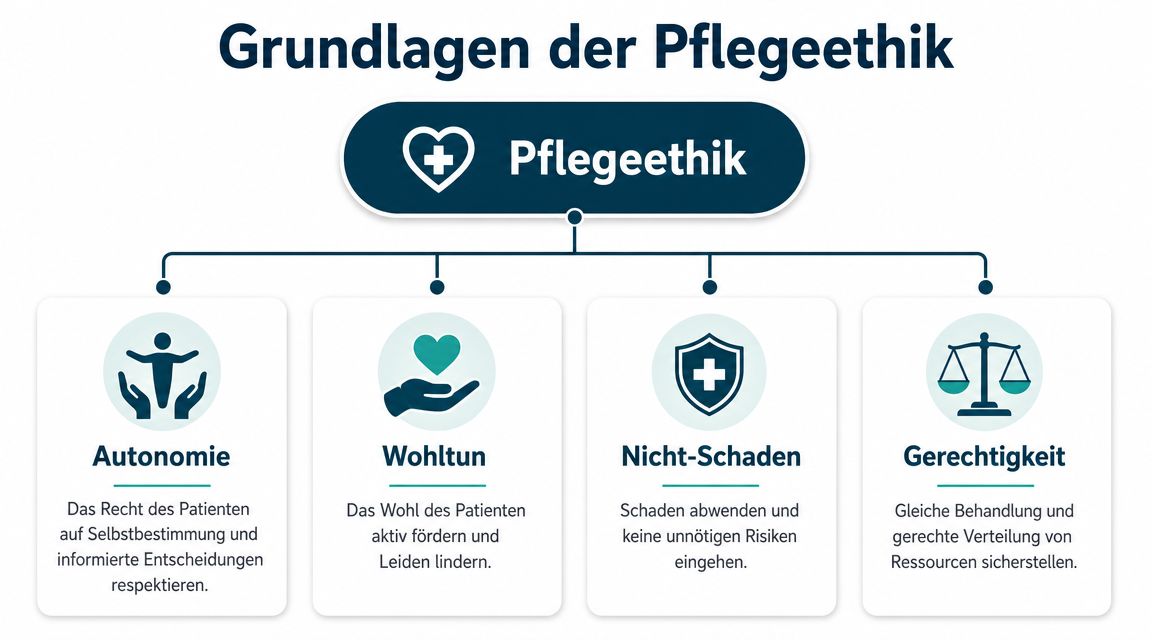 Grafik zur Pflegeethik mit den vier ethischen Grundprinzipien: Autonomie, Wohltun, Nicht-Schaden und Gerechtigkeit im Überblick.