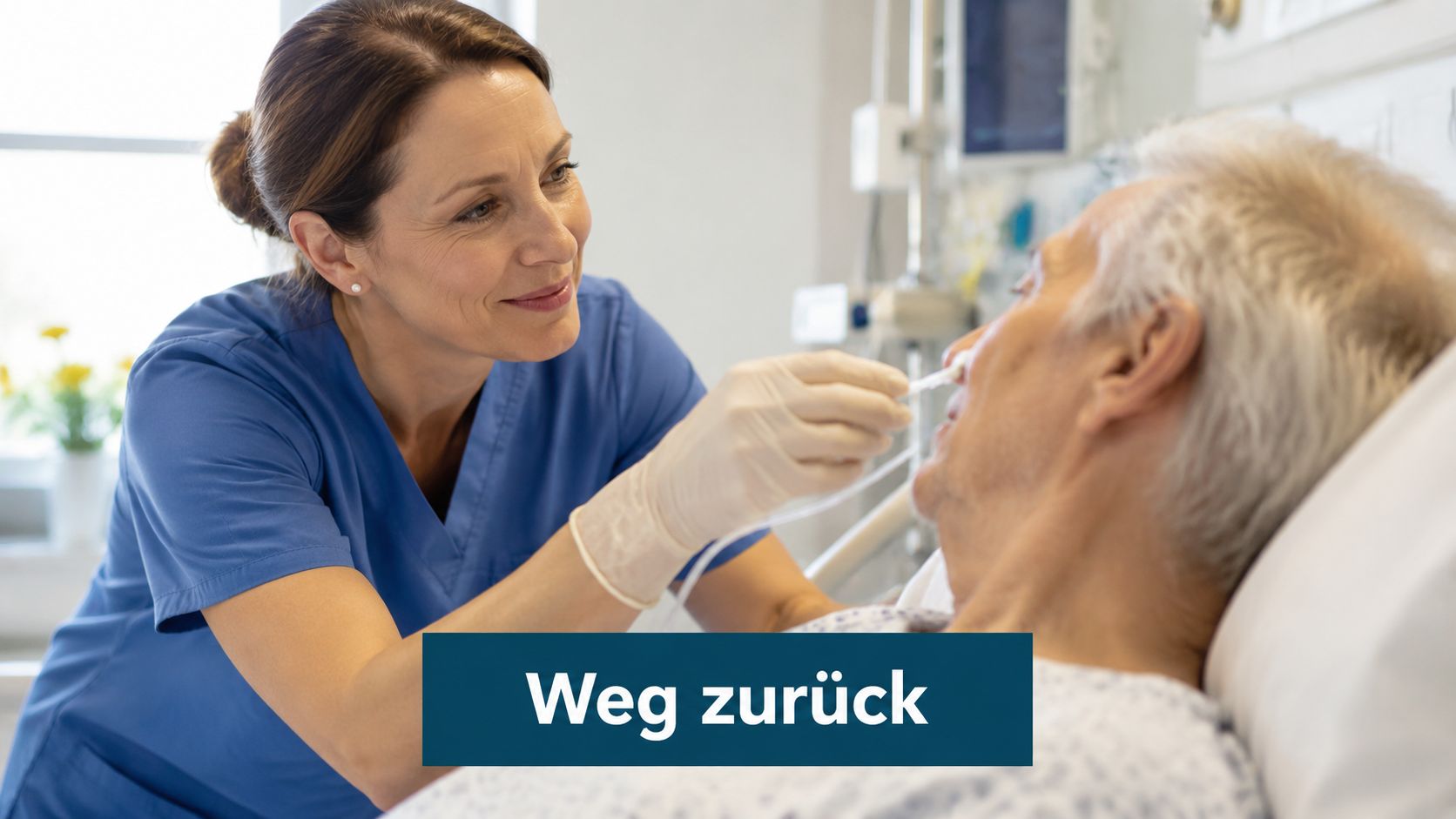 Eine Pflegekraft verabreicht einem älteren Patienten im Krankenhaus vorsichtig eine Ernährung über eine Nasensonde.