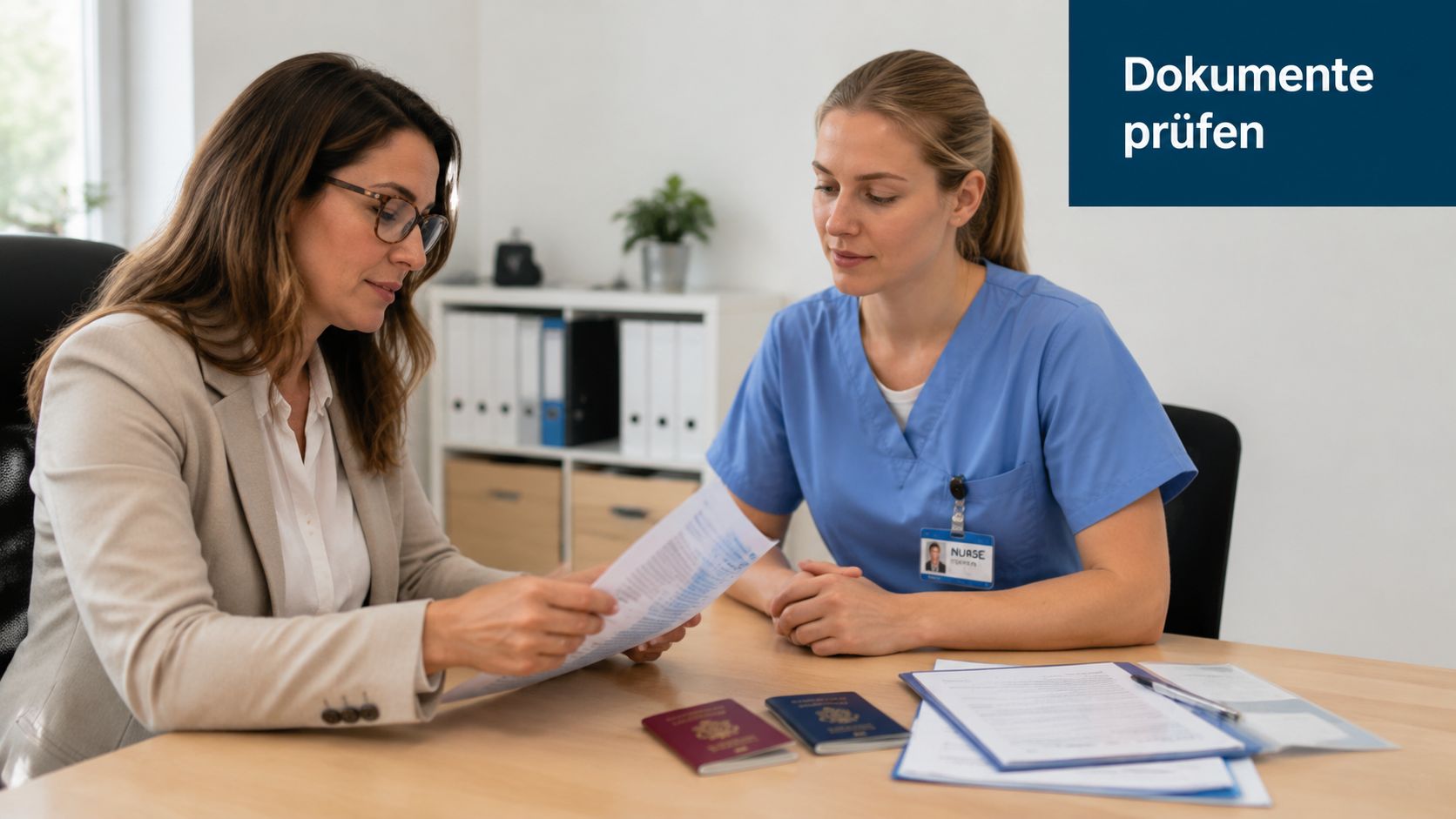 Eine Frau in geschäftlicher Kleidung und eine Krankenschwester prüfen gemeinsam Dokumente und Reisepässe an einem Schreibtisch.