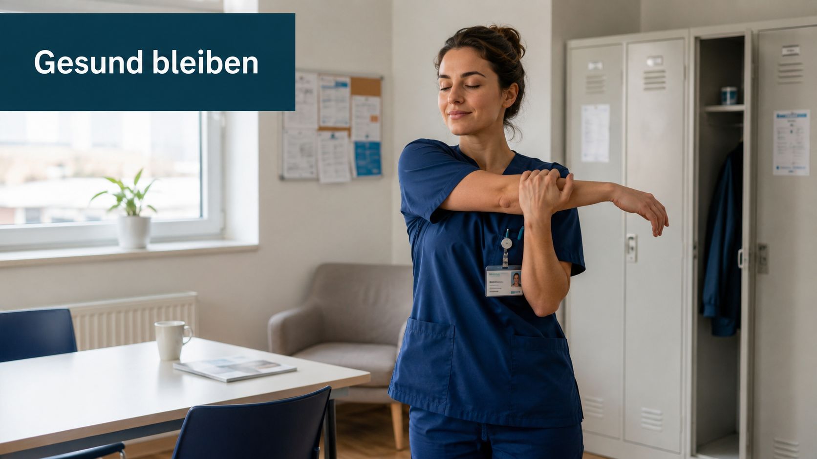 Eine entspannte Krankenschwester in Arbeitskleidung macht in einem Aufenthaltsraum Dehnübungen für ihre Arme und Schultern.