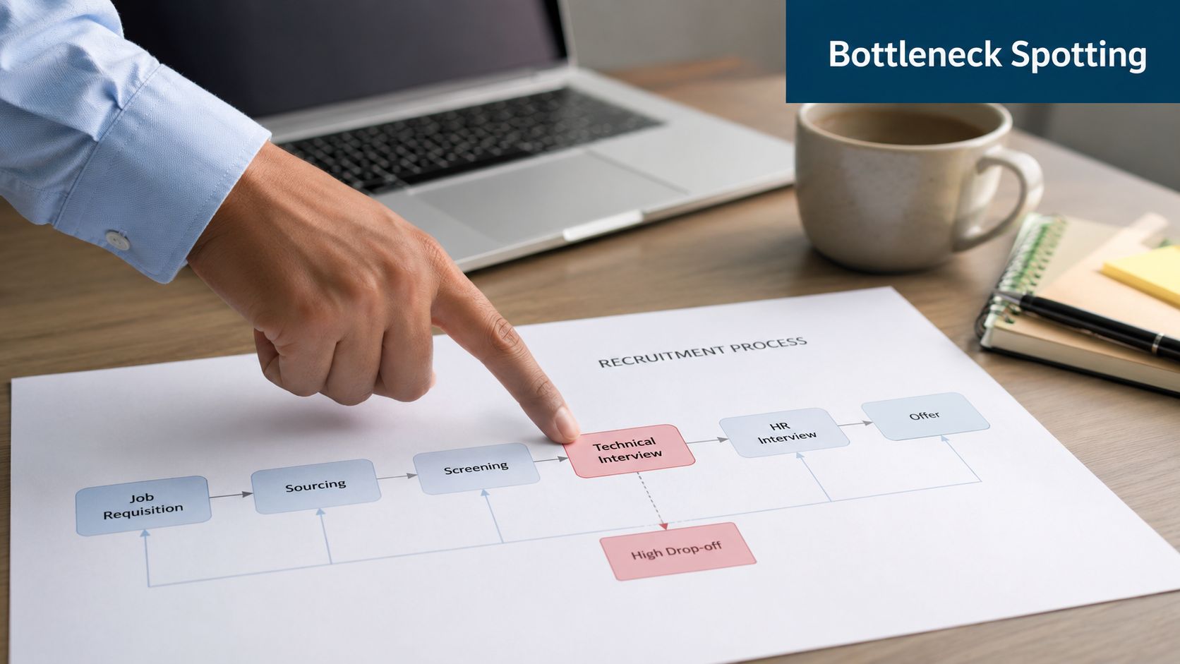 Eine Hand zeigt auf den Punkt 'Technisches Interview' in einem Flussdiagramm zur Optimierung des Recruiting-Prozesses.