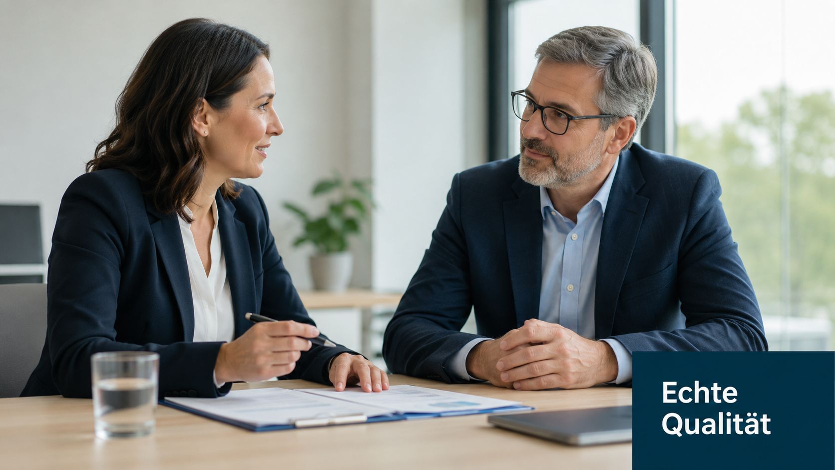 Eine Geschäftsfrau und ein Geschäftsmann besprechen professionell Unterlagen während eines Meetings in einem modernen Büro.