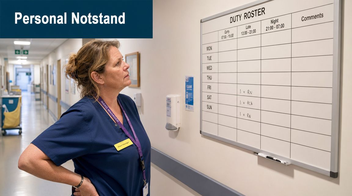 Eine Stationsleiterin in blauer Uniform betrachtet nachdenklich einen Dienstplan an einer Krankenhauswand im Korridor.