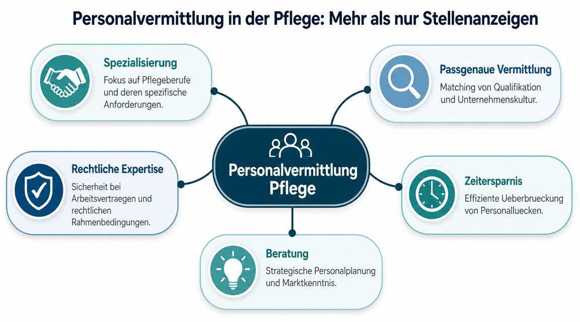 Eine Infografik zur Personalvermittlung in der Pflege mit fünf zentralen Vorteilen für Arbeitgeber und Arbeitnehmer.