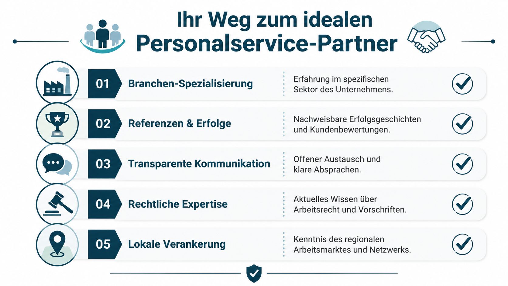 Infografik zeigt fünf wichtige Schritte zur Auswahl des idealen Personalservice-Partners für Unternehmen.
