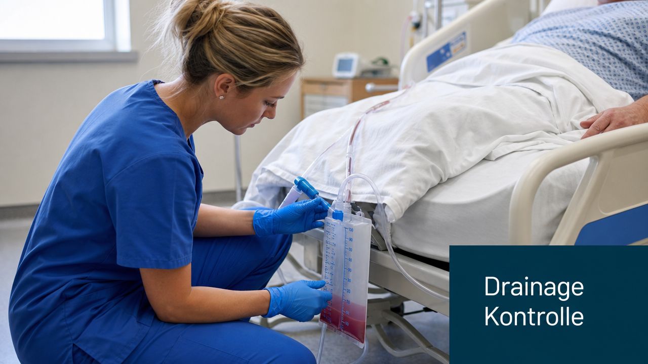 Eine Pflegekraft in blauer Arbeitskleidung überprüft einen Urinbeutel, der an einem Krankenhausbett eines Patienten befestigt ist.