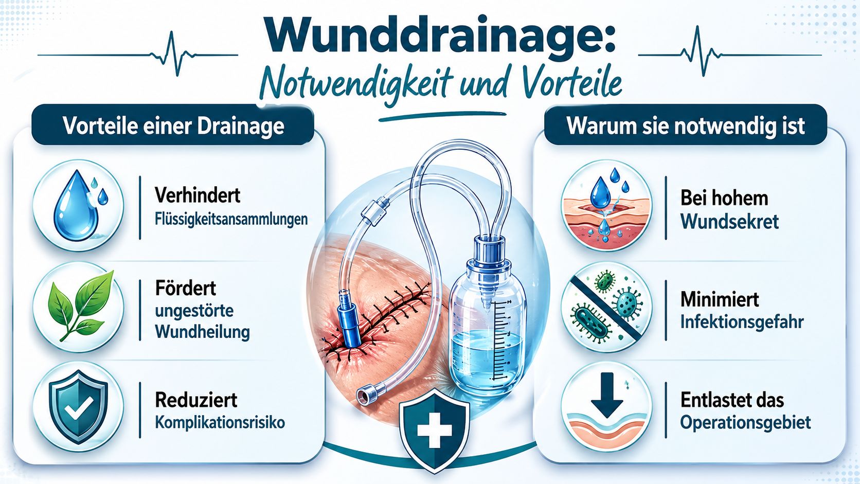 Eine Infografik zur Wunddrainage, die ihre Vorteile für die Heilung und Notwendigkeit nach einer Operation erklärt.