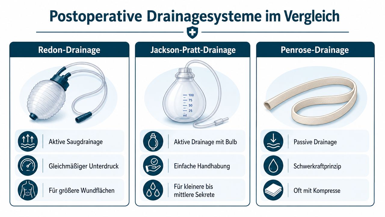 Vergleichsgrafik verschiedener postoperativer Drainagesysteme: Redon-Drainage, Jackson-Pratt-Drainage und Penrose-Drainage mit ihren jeweiligen Eigenschaften und Funktionsweisen.