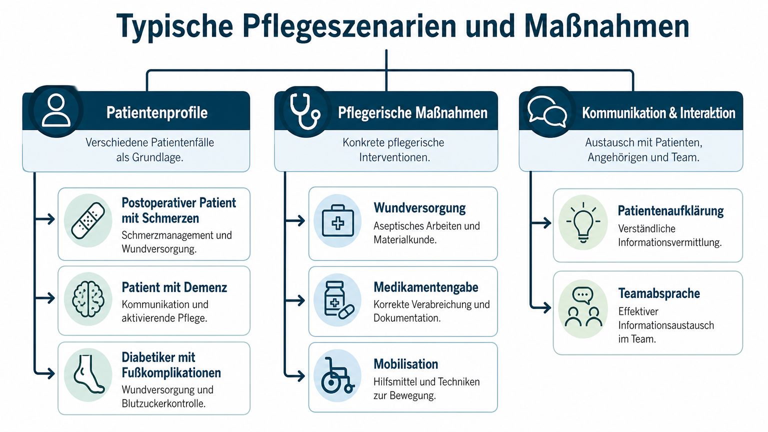 Eine Übersichtsgrafik zu typischen Pflegeszenarien und pflegerischen Maßnahmen für die Ausbildung zur Pflegefachfrau.