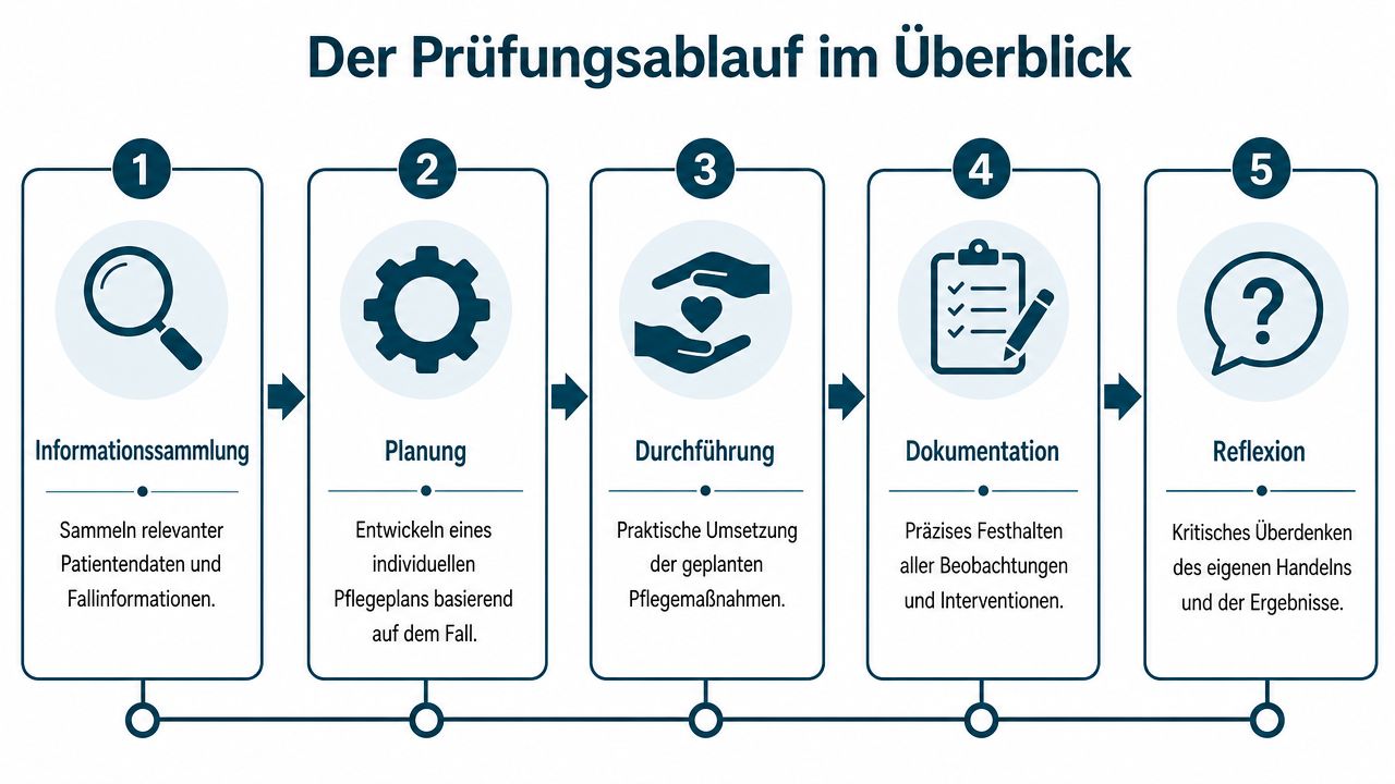 Eine Infografik mit fünf nummerierten Schritten, die den Ablauf einer praktischen Prüfung in der Pflege übersichtlich darstellen.