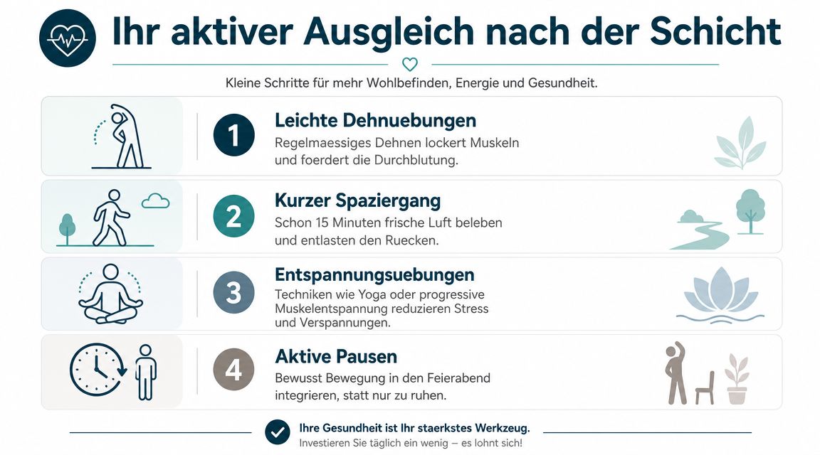 Eine Infografik mit vier Tipps für einen aktiven Ausgleich und mehr Wohlbefinden nach der Arbeit.