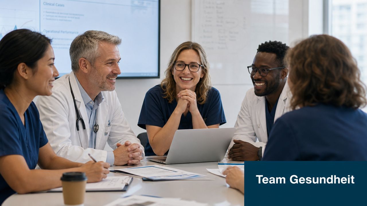 Ein diverses medizinisches Team bespricht gemeinsam medizinische Berichte und Patientendaten an einem Konferenztisch im Büro.