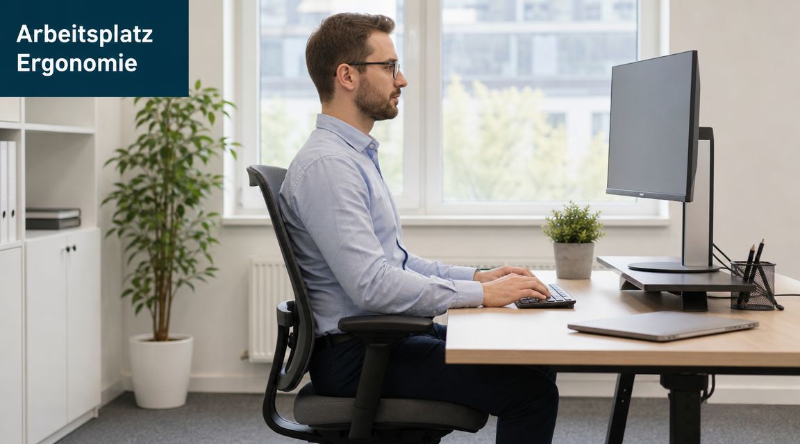 Ein Mann sitzt an einem ergonomisch eingerichteten Schreibtisch im Büro, um Rückenschmerzen vorzubeugen und gesund zu arbeiten.