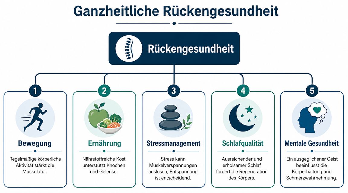 Infografik zur ganzheitlichen Rückengesundheit durch Bewegung, gesunde Ernährung, Stressmanagement, guten Schlaf und eine positive mentale Einstellung.
