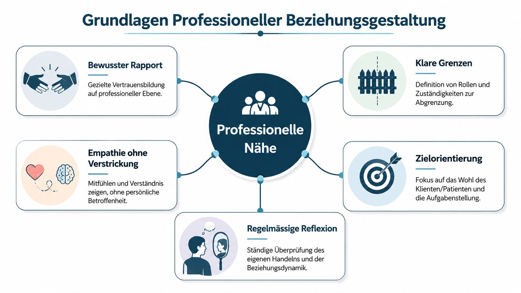 Eine Übersichtsgrafik über die Grundlagen professioneller Beziehungsgestaltung und den zentralen Begriff der professionellen Nähe.