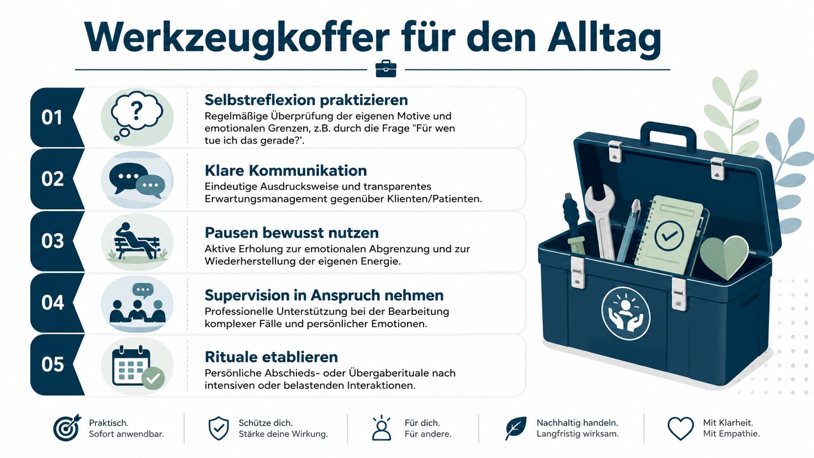 Eine Infografik mit fünf praktischen Tipps für professionelle Nähe und Distanz im Arbeitsalltag in einem Werkzeugkoffer.